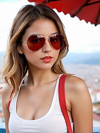 The Argentinian girl in red tank top poses innocently at sunset in Quito's streets